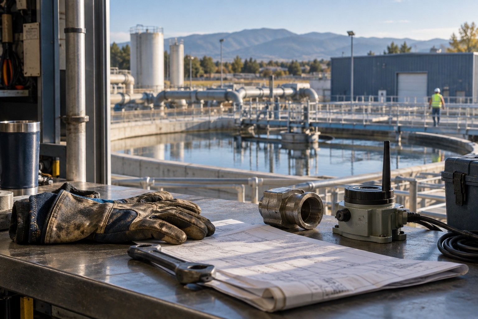 Field tools and plans overlooking a water treatment facility