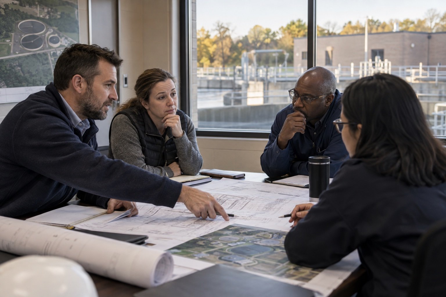 People discussing infrastructure plans together around a table