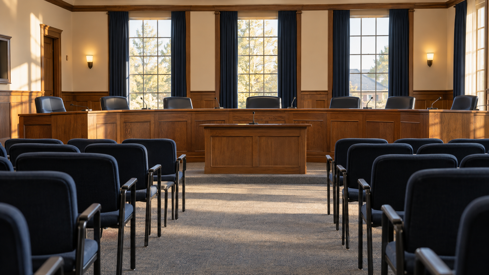 An empty council chamber prepared for a public meeting