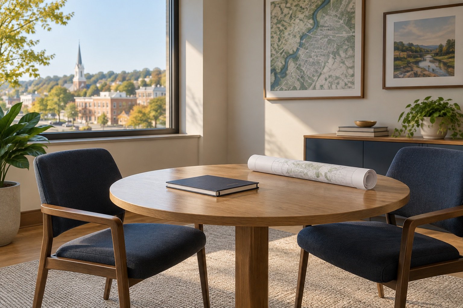 Two chairs and a table set for a conversation, with a town outside the window