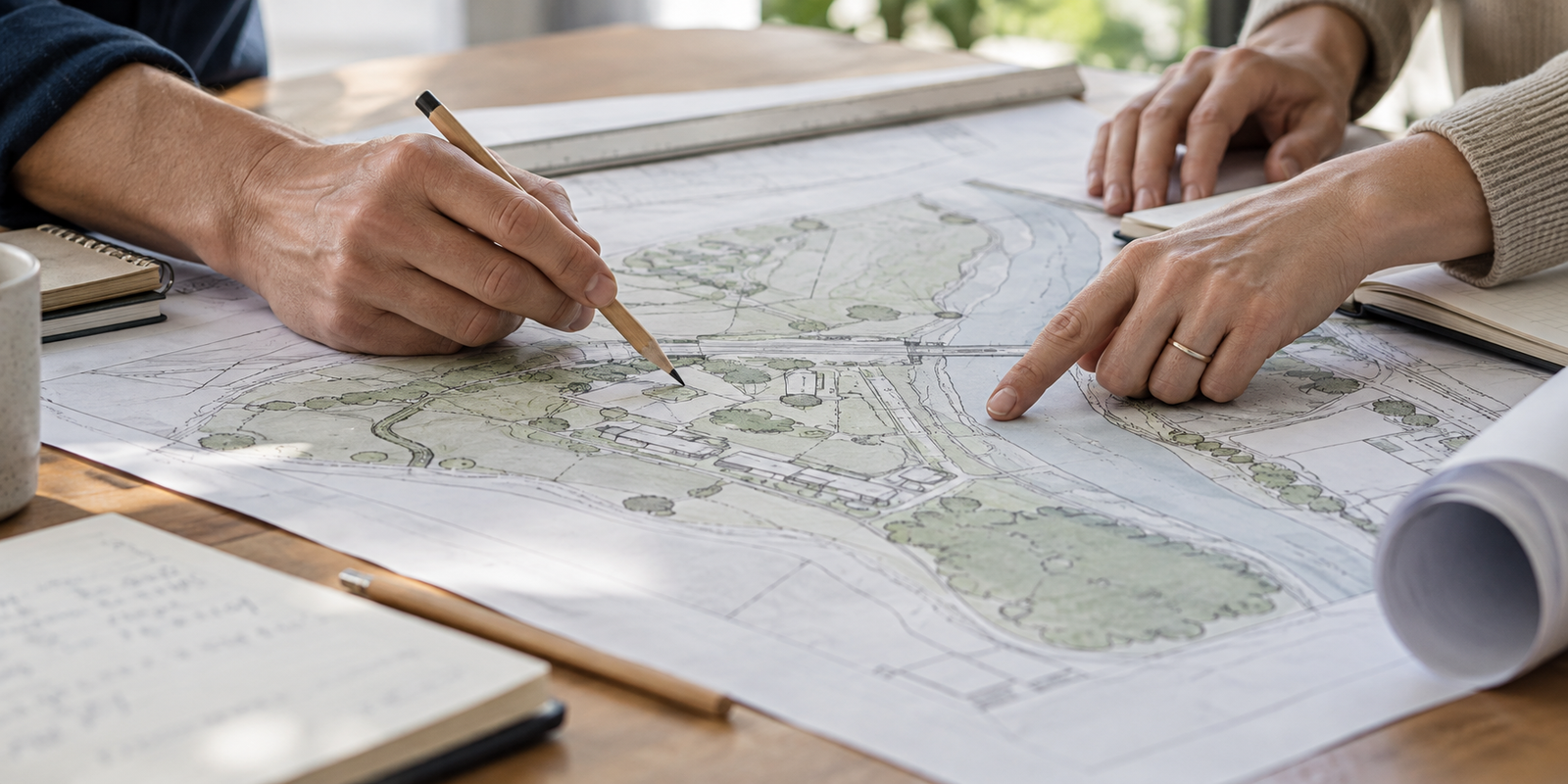 Hands reviewing an infrastructure plan at a table