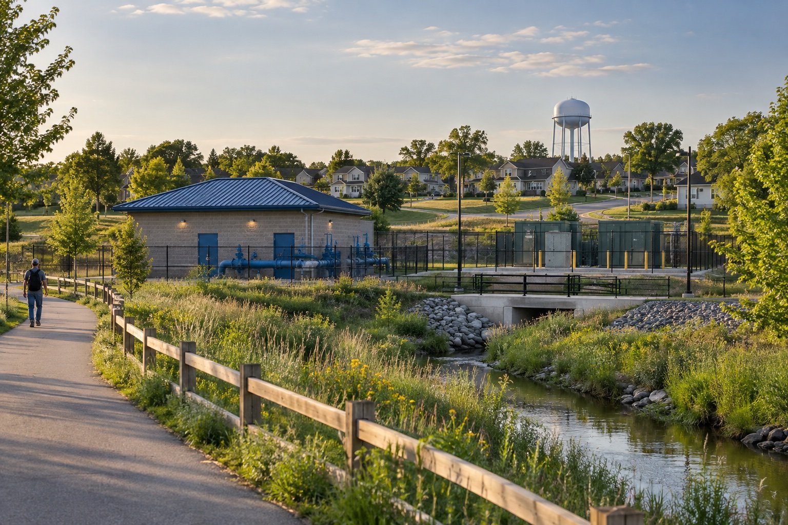 Water utility and public path beside a neighborhood